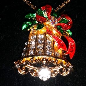 White Crystal Holiday Bell Brooch Pendant Necklace